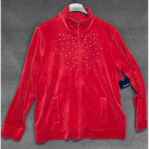 VTG Y2K Red Velour Track Suit Jacket Women's Large Basic Editions Rhinestone NWT
